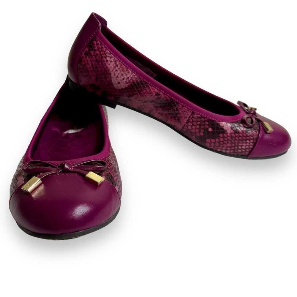 Vionic Minna Purple Leather Cap Toe Bow Snakeskin Ballet Flats Slip On Women 7